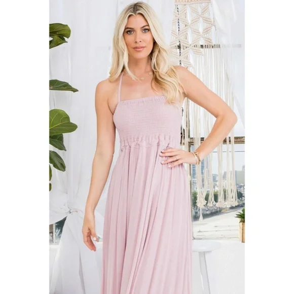 SOLD OUT Bohemian Mauve Smocked Halter Open Back Tiered Ruffle Skirt Maxi Dress - Picture 4 of 6
